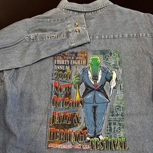 VTG 07 NOLA Jazz Festival Denim Shirt Mens XL Gator Chambray New Orleans‎ Button